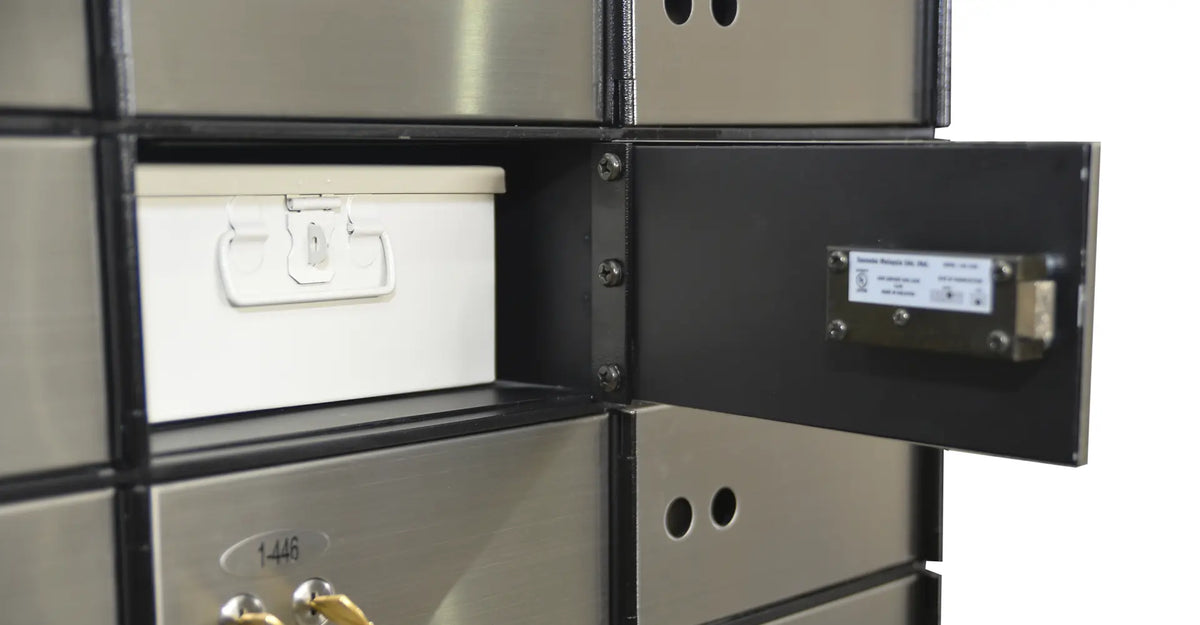 Close-up of a metal safety locker compartment with a secure locking mechanism and numbered storage units.